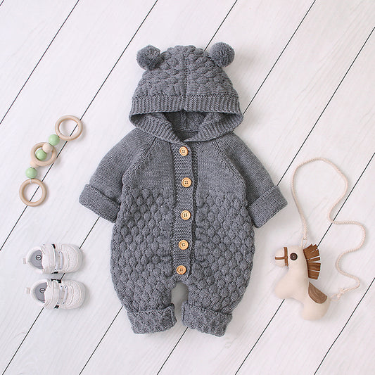 Baby Romper Long Sleeve Autumn Newborn Boy Girl Jumpsuit Fashion Hooded Pom Pom Infant Children Clothing Knit Cute Bear Playsuit