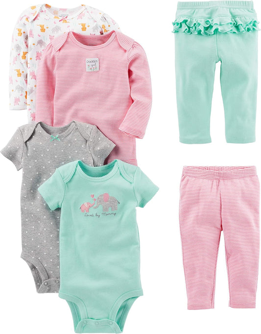 Baby Girls' 6-Piece Bodysuits (Short and Long Sleeve) and Pants Set